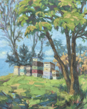 an oil painting of colorful bee boxes on a hillside with soft greens and blues.