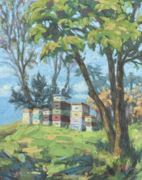 an oil painting of colorful bee boxes on a hillside with soft greens and blues.