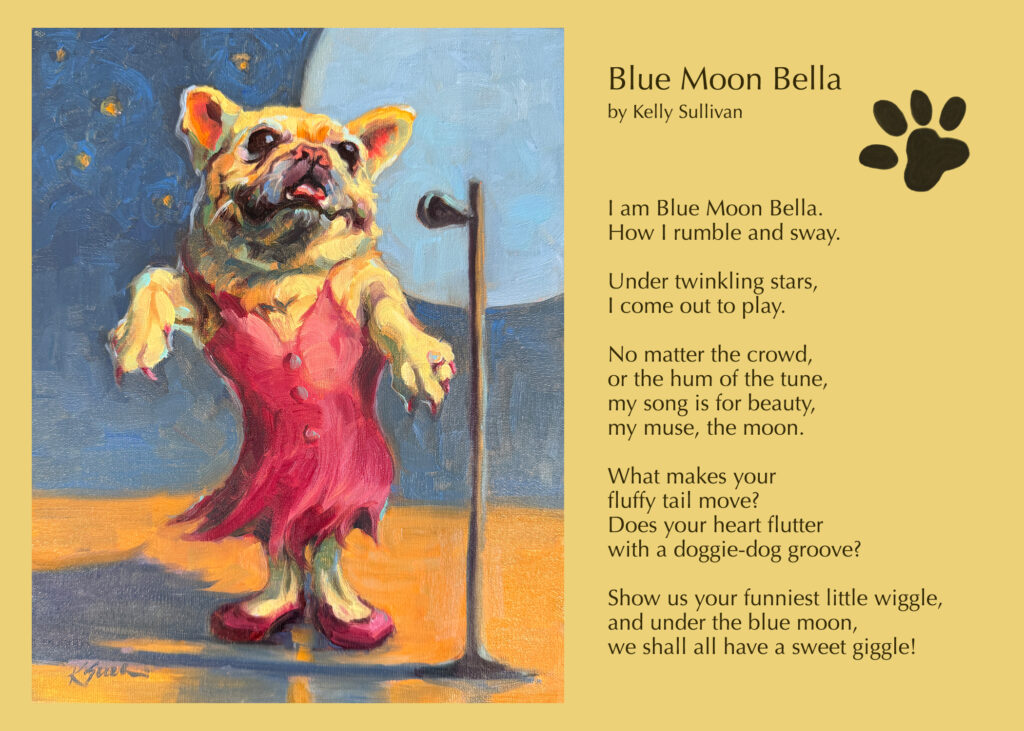 an oil painting of a French Bulldog signing under a blue moon in a pink cocktail dress by Lambertville NJ artist Kelly Sullivan.