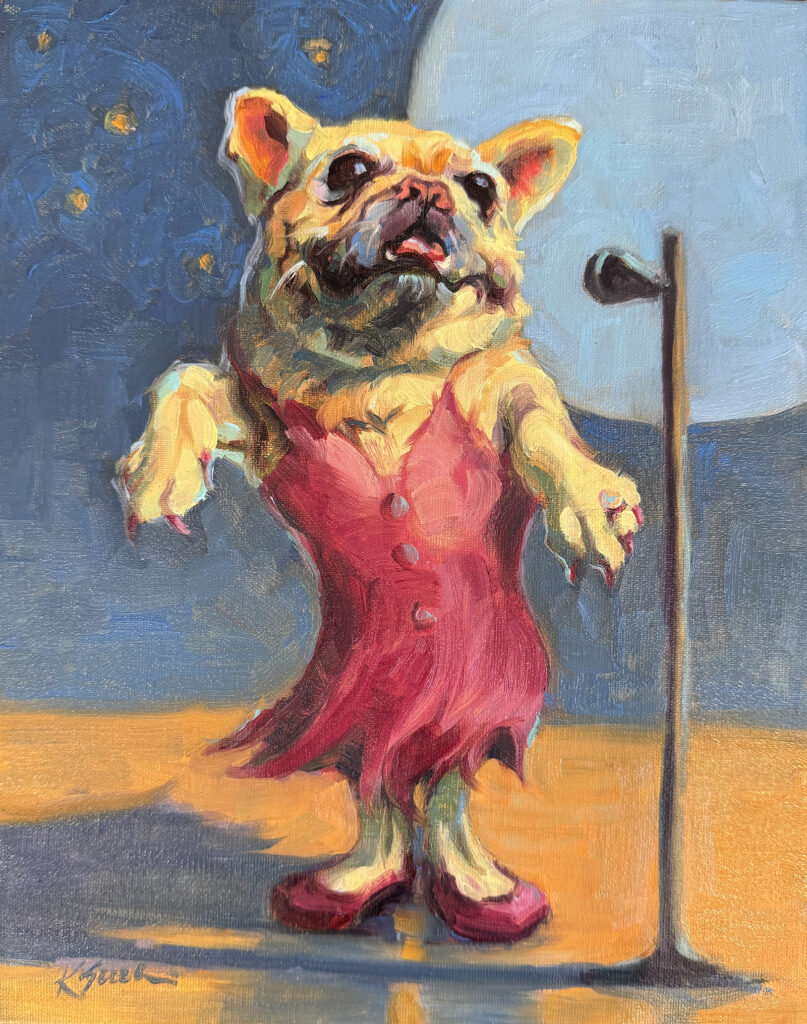 and oil painting of a French Bulldog in a pink dress singing to the moon by Lambertville, NJ artist Kelly Sullivan.