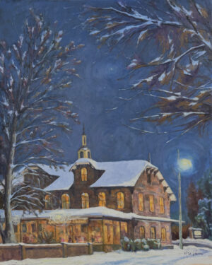 a 40" x 30" oil painting featuring a nocturnal scene of the historic Lambertville Station Restaurant in the snow by artist Kelly Sullivan.