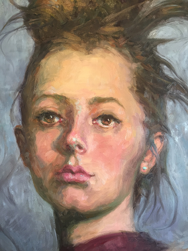 close up detail of Eve oil painting portrait by Kelly Sullivan