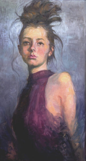 Eve, tall and elegant, luminous oil painting 60" x 33" on fine linen canvas. by artist Kelly Sullivan.