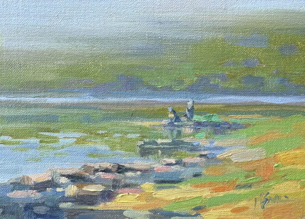 oil painting of a foggy and rocky lakeside with two fishermen in the distance