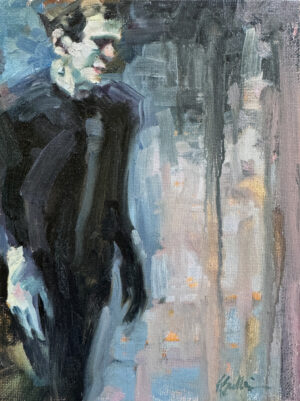 An 8" x 6" oil painting of Frankenstein by Lambertville artist Kelly Sullivan, featuring soft blues and rusted rose colors behind Frankensteiin in black