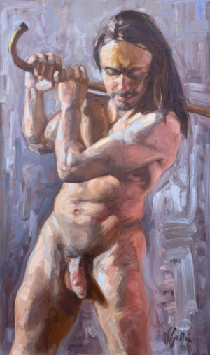 oil painting of a nude male figure holding a cane behind his head, painted in soft blues with warm flesh tones.
