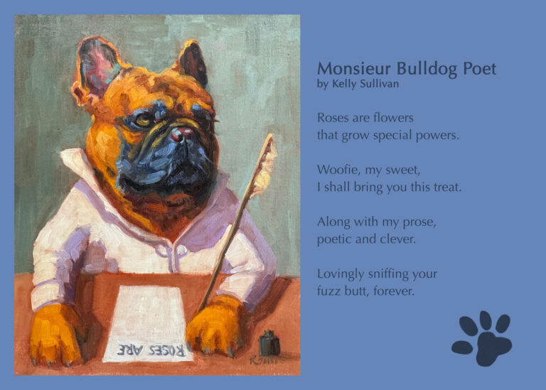 An oil painting of a French Bulldog dressed as a poet writing a love note to his girlfriend woofie by Lambertville NJ artist Kelly Sullivan.