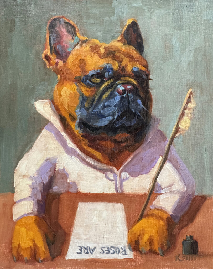 an oil painting of a French Bulldog poet writing a love poem by artist Kelly Sullivan.