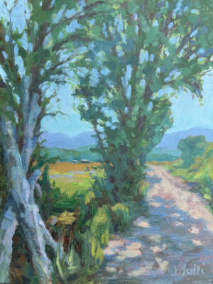 An oil painting of tree lined dirt road in Tetonia, Idaho by artist Kelly Sullivan, featuring greens and and a bright blue sky.