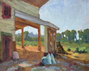 Painting of a barn with early morning light