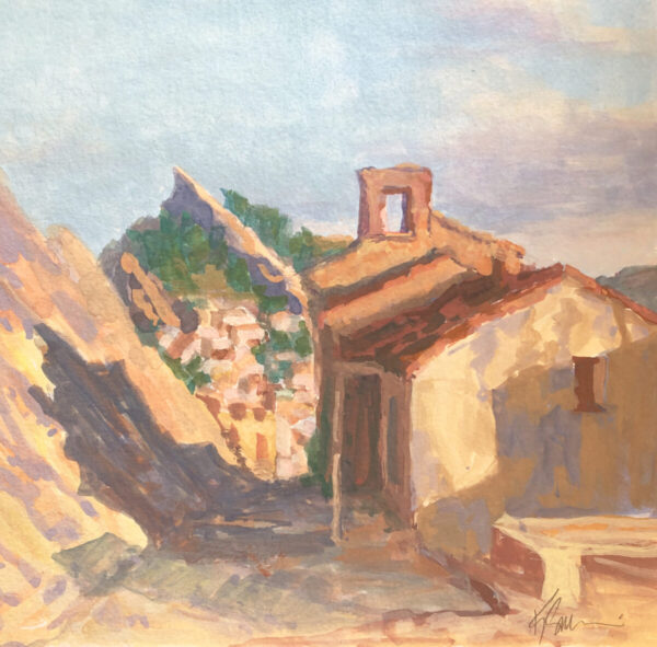 Gouache on Paper painting by Kelly Sullivan depicting a rocky hillside lane in the village of Pietrapertosa, Italy