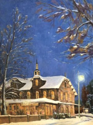 Oil painting by Kelly Sullivan depicting a nocturnal snowy evening at the Lambertville Station Restaurant.