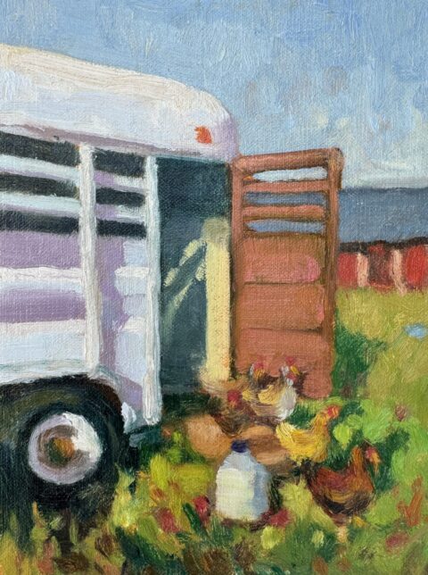 painting of chicken coup in a horse trailer