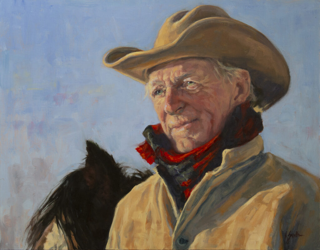 Oil painting of a weathered cowboy with his horse in the background