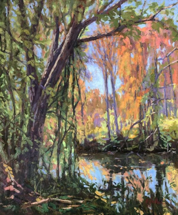 painting of trees reflected in the canal along the towpath in Lambertville, NJ
