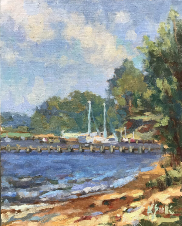 Oil painting by Kelly Sullivan of sailboats in a distant cove.
