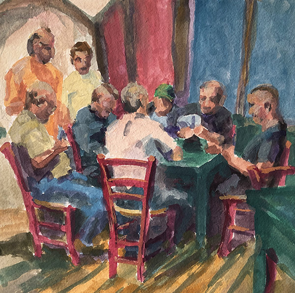 Gouache on paper painting of men playing cards at a bar in Pietrapertosa, Italy