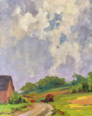 Oil painting by Kelly Sullivan depicting tall coulds above a farm with red tractor and hillside.