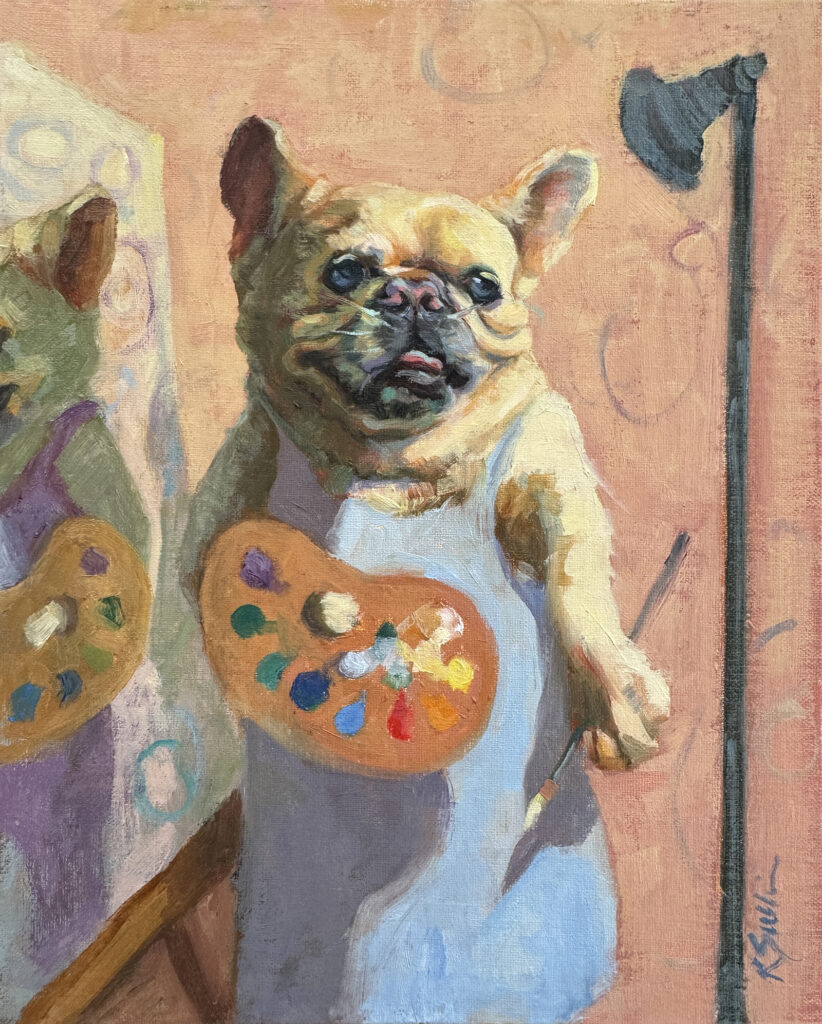 an oil painting of french bulldog painter doing a self-portrait by artist Kelly Sullivan.