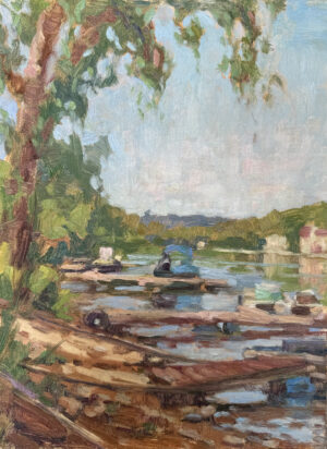 Oil painting of small boats docked along the Delaware River
