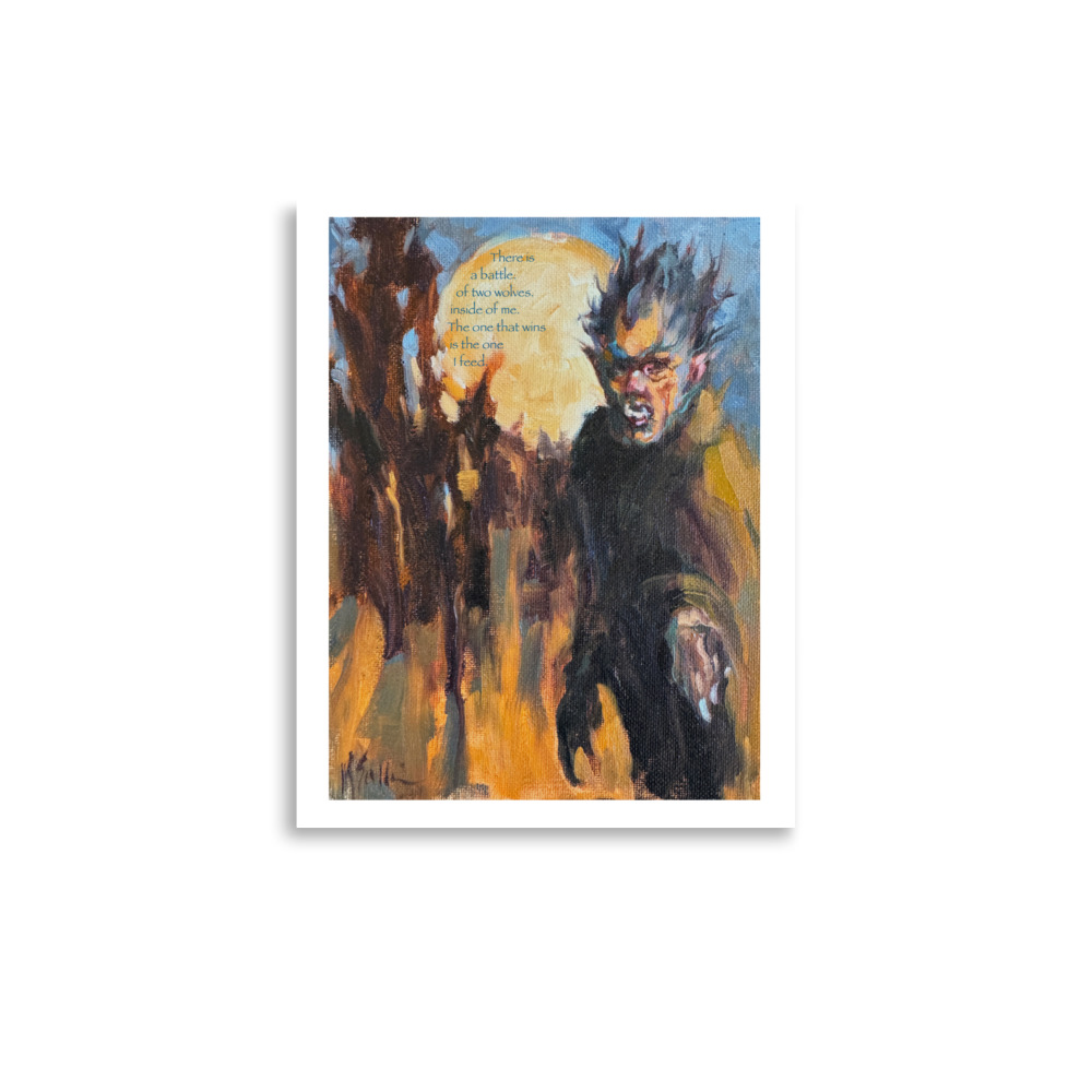 oil painting of a werewolf by Lambertville, NJ artist in rust colored foreground and spooky woods in front of a large moon.