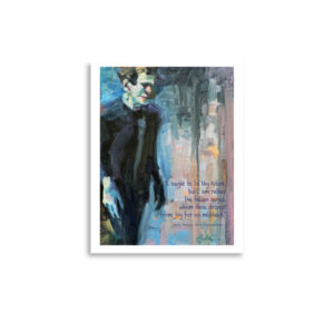 a painting of Frankenstein walking by Lambertville artist Kelly Sullivan in blues and rose with a quote by Mary Shelley, author of Frankenstein 1818.