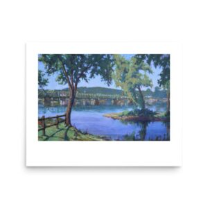an oil painting of the Delware River and the New Hope Lambertville bridge by artist Kelly Sullivan
