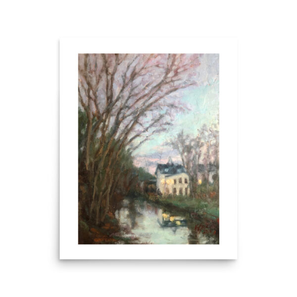 an oil painting of dusk on the canal path in Lambertville, NJ by artist Kelly Sullivan