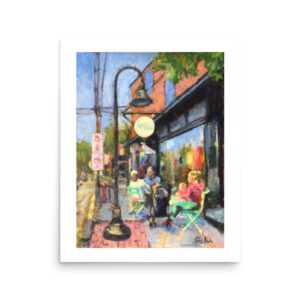 an oil painting of the storefront at Union Coffee house in Lambertville, NJ by artist Kelly Sullivan