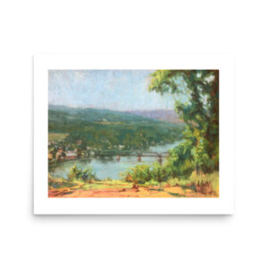 Oil painting of the Delaware River from high above at Goat Hill Overlook by Lambertville NJ artist Kelly Sullivan .