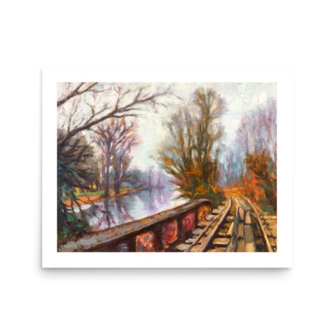 A moody scene in neutral colors of the trestle bridge in Lambertville, NJ by artist Kelly Sullivan
