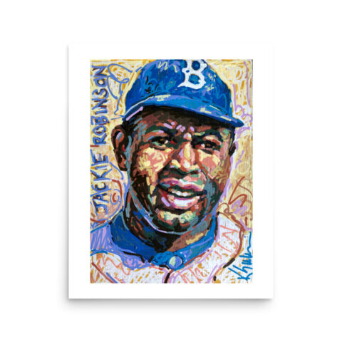 Portrait painting of Jackie Robinson by Lambertville NJ artist Kelly Sullivan using acrylic paint pens on wood.