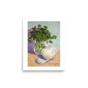 oil painting by Kelly Sullivan of cilantro in a glass with an onion.