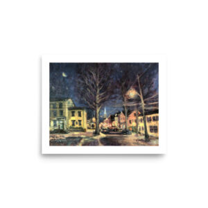 Oil painting of a nocturnal scene at the corner of N Union Street and York street in Lambertville, NJ