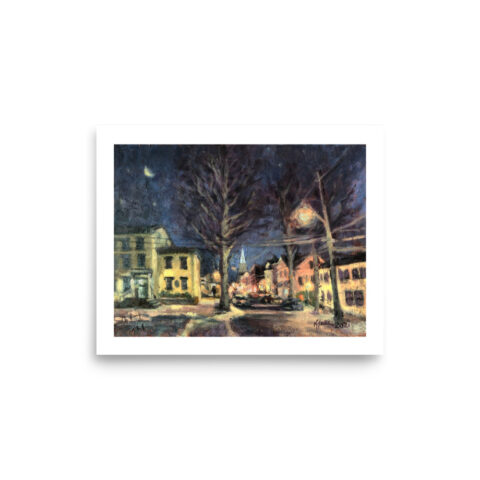 Oil painting of a nocturnal scene at the corner of N Union Street and York street in Lambertville, NJ