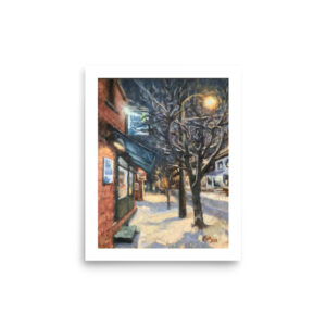 nocturnal snow scene of Coryell Street in Lambertville New Jersey