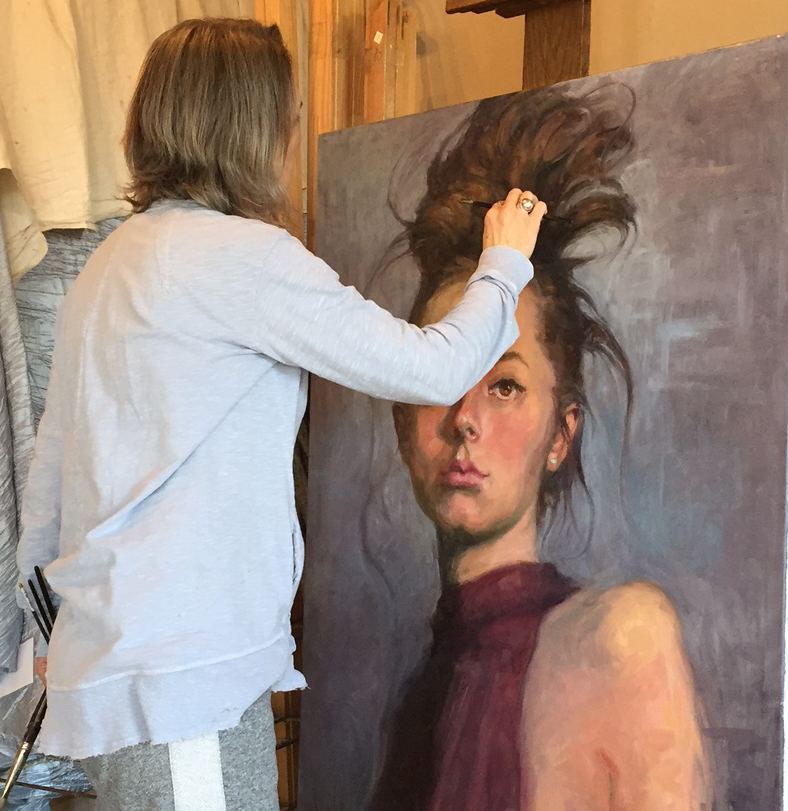 Kelly Sullivan in the process of painting Eve oil portrait.