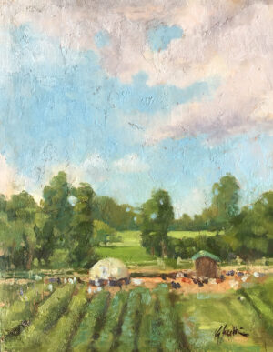 oil painting of a farm with chickens by kelly sullivan