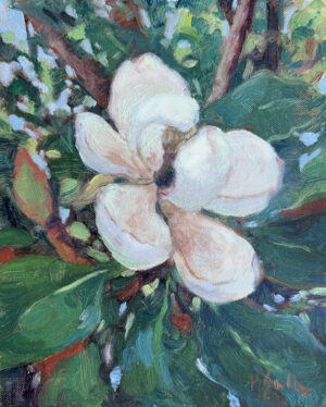 oil painting of a magnolia bloom surrounded by leaves