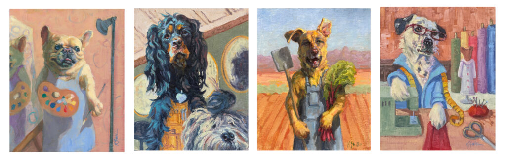 oil paintings of pet portraits wearing cloths