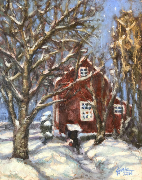 Oil painting of red cottage and trees in the snow by Kelly Sullivan