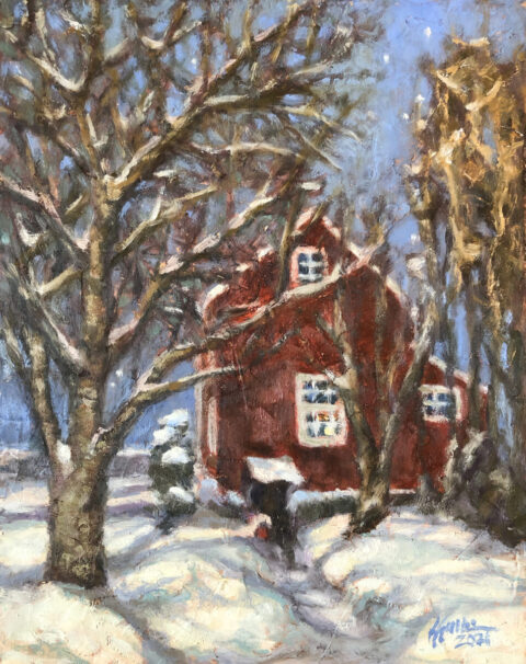 Oil painting of red cottage and trees in the snow by Kelly Sullivan
