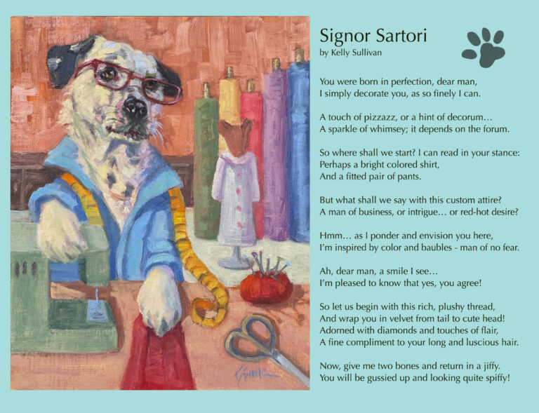 a painting of a dog wearing glasses and working in a sewing studio, a tailor.