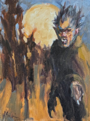 oil painting of a werewolf set in front of a huge full moon and a spooky forest in colors of rust and blue