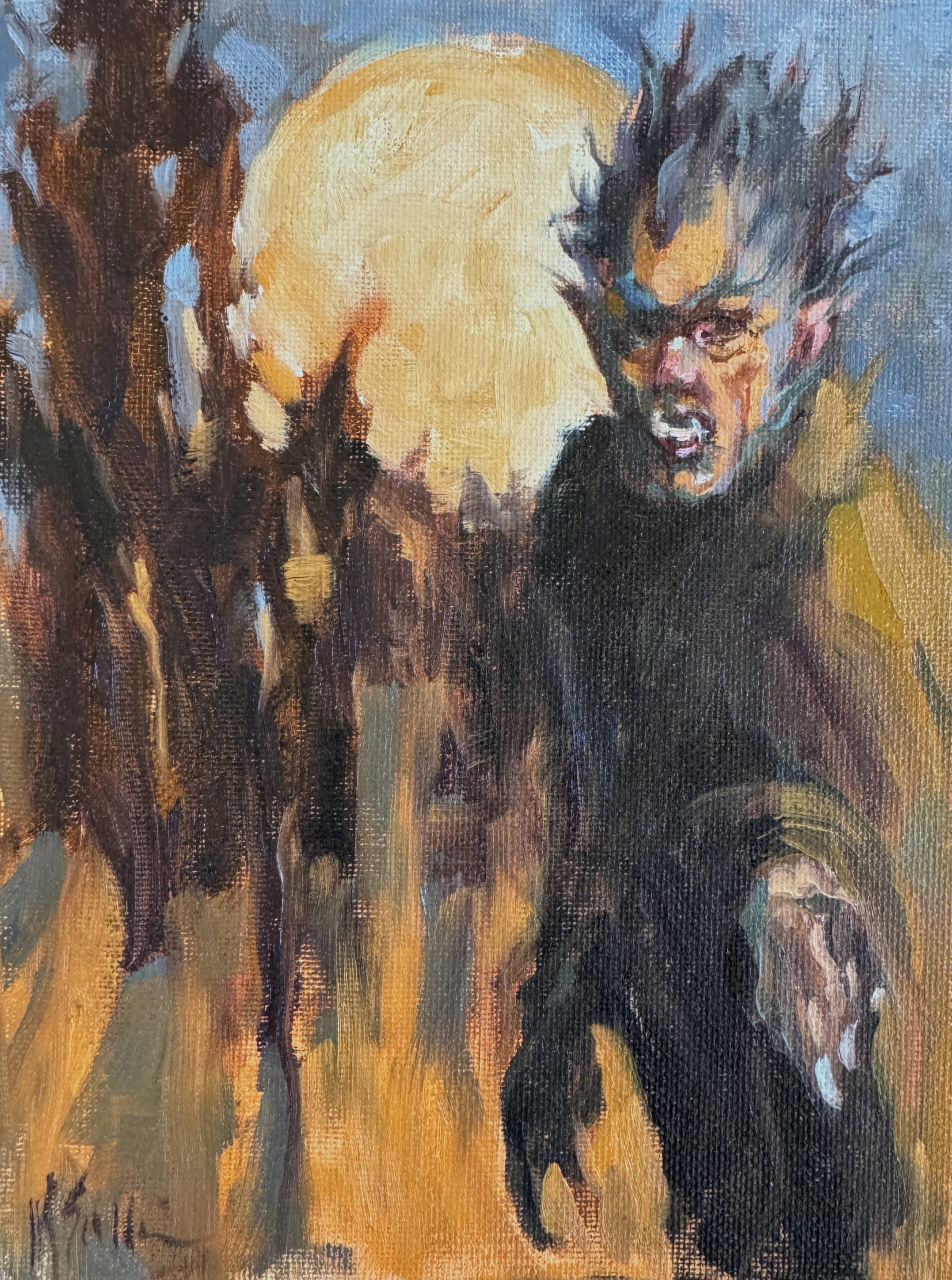oil painting of a werewolf set in front of a huge full moon and a spooky forest in colors of rust and blue